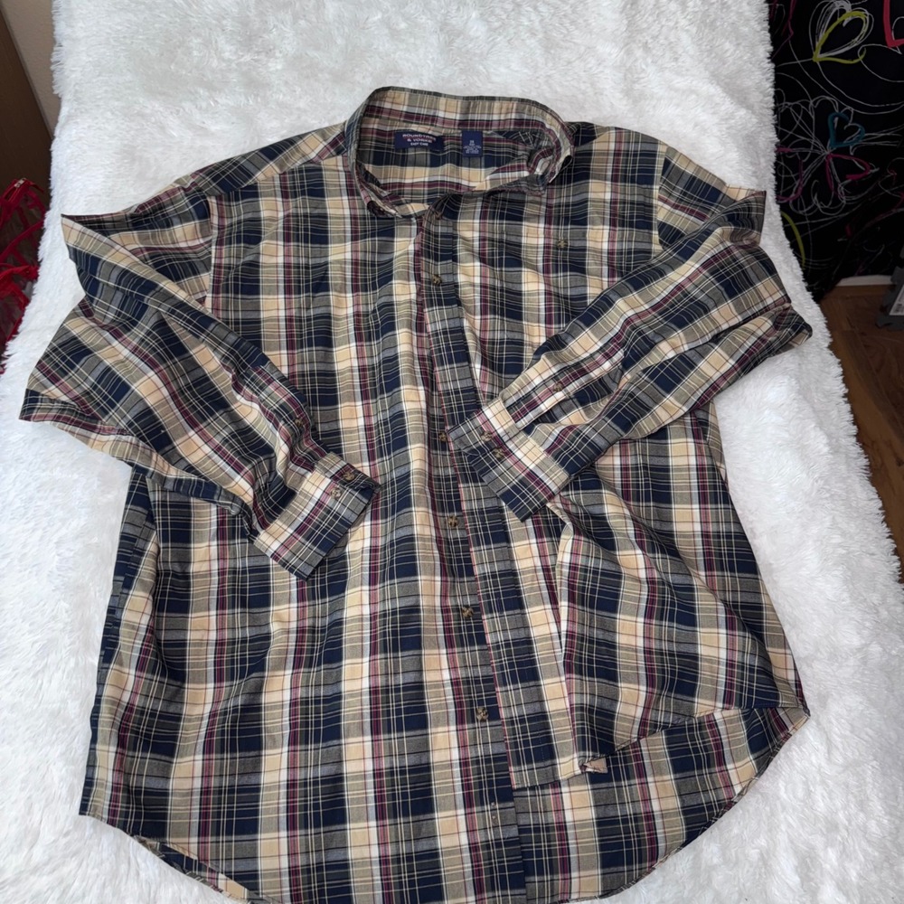 Roundtree & Yorke 2X Big Mens Plaid Button Up‎ Shirt Long Sleeve Casual